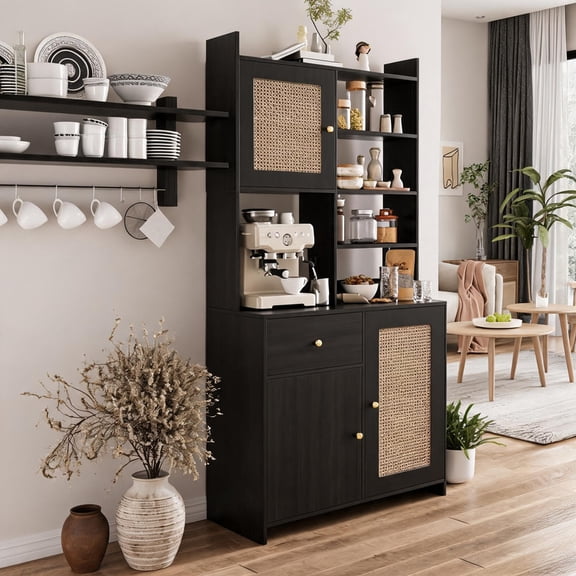 Kitchen Pantry Cabinet with Adjustable Shelf, Tall Storage Cabinet with Drawer & Rattan Doors, Food Pantry Cabinets for Kitchen, Dining Room, Black