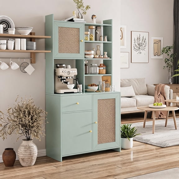 Kitchen Pantry Cabinet with Adjustable Shelf, Tall Storage Cabinet with Drawer & Rattan Doors, Food Pantry Cabinets for Kitchen, Dining Room, Green