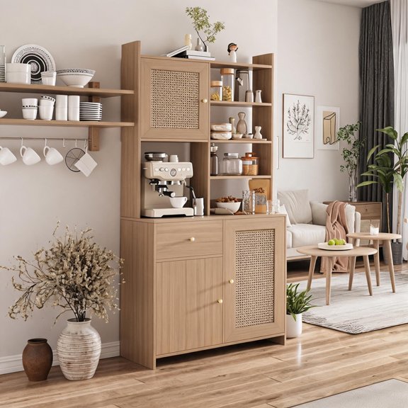Kitchen Pantry Cabinet with Adjustable Shelf, Tall Storage Cabinet with Drawer & Rattan Doors, Food Pantry Cabinets for Kitchen, Dining Room, Natural