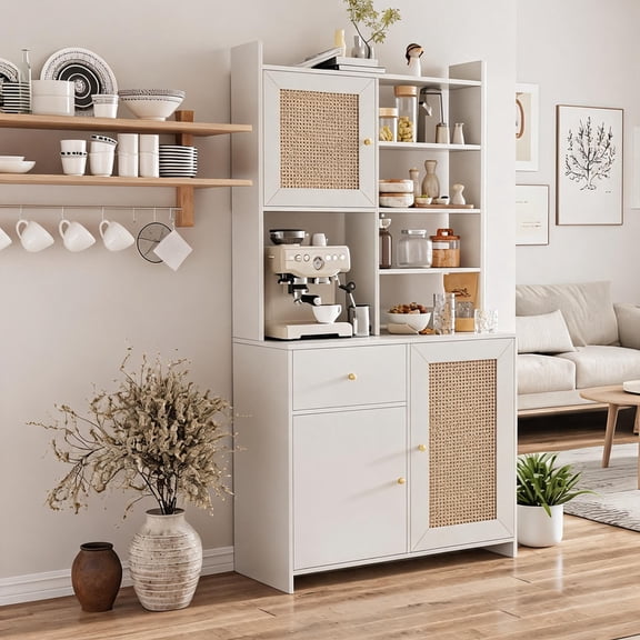 Kitchen Pantry Cabinet with Adjustable Shelf, Tall Storage Cabinet with Drawer & Rattan Doors, Food Pantry Cabinets for Kitchen, Dining Room, White