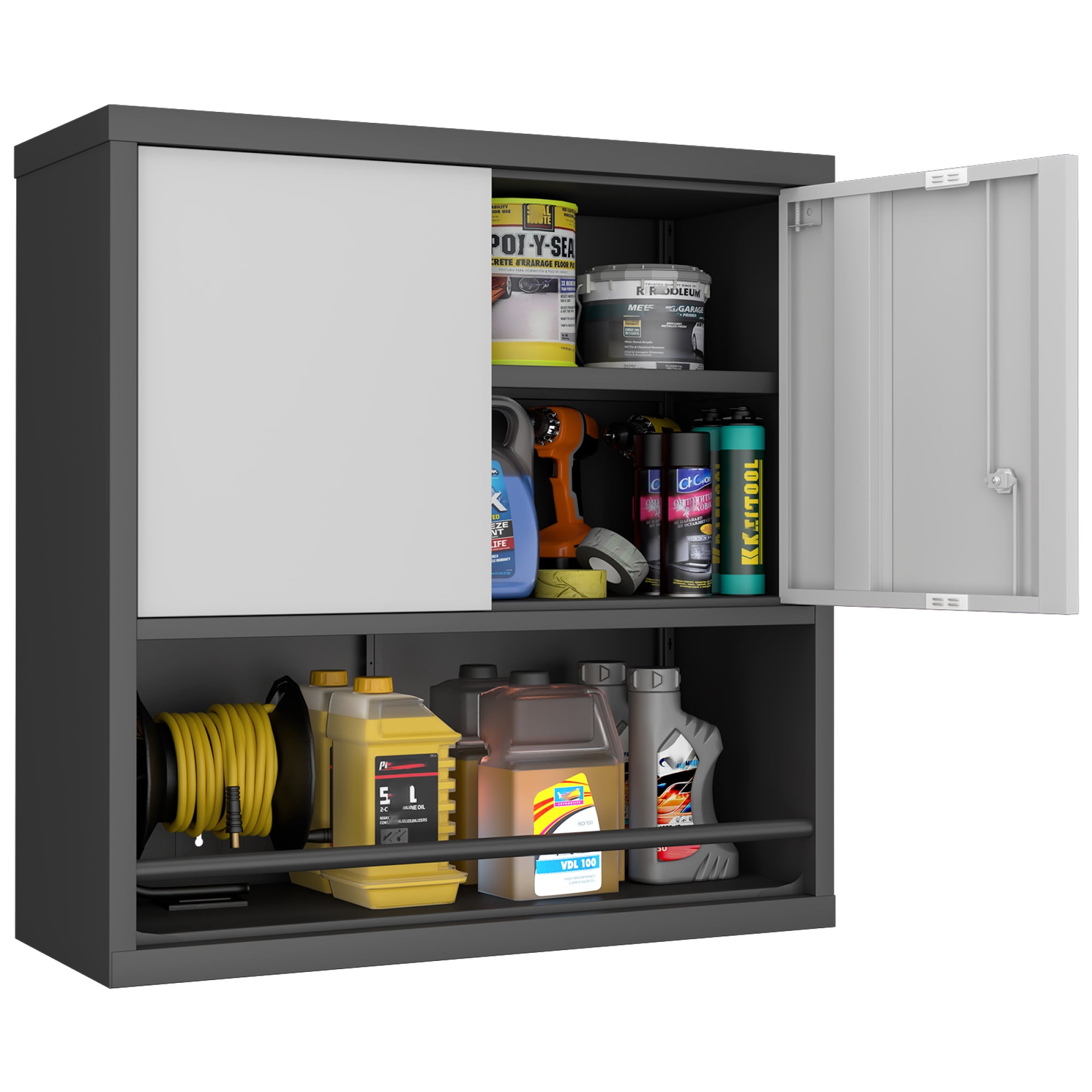 Kitchen Pantry Cabinet with Adjustable Shelves & 2 Doors,Metal Storage Cabinet with Locker for Kitchen,Living Room,Dining Room,Office,Black+Grey