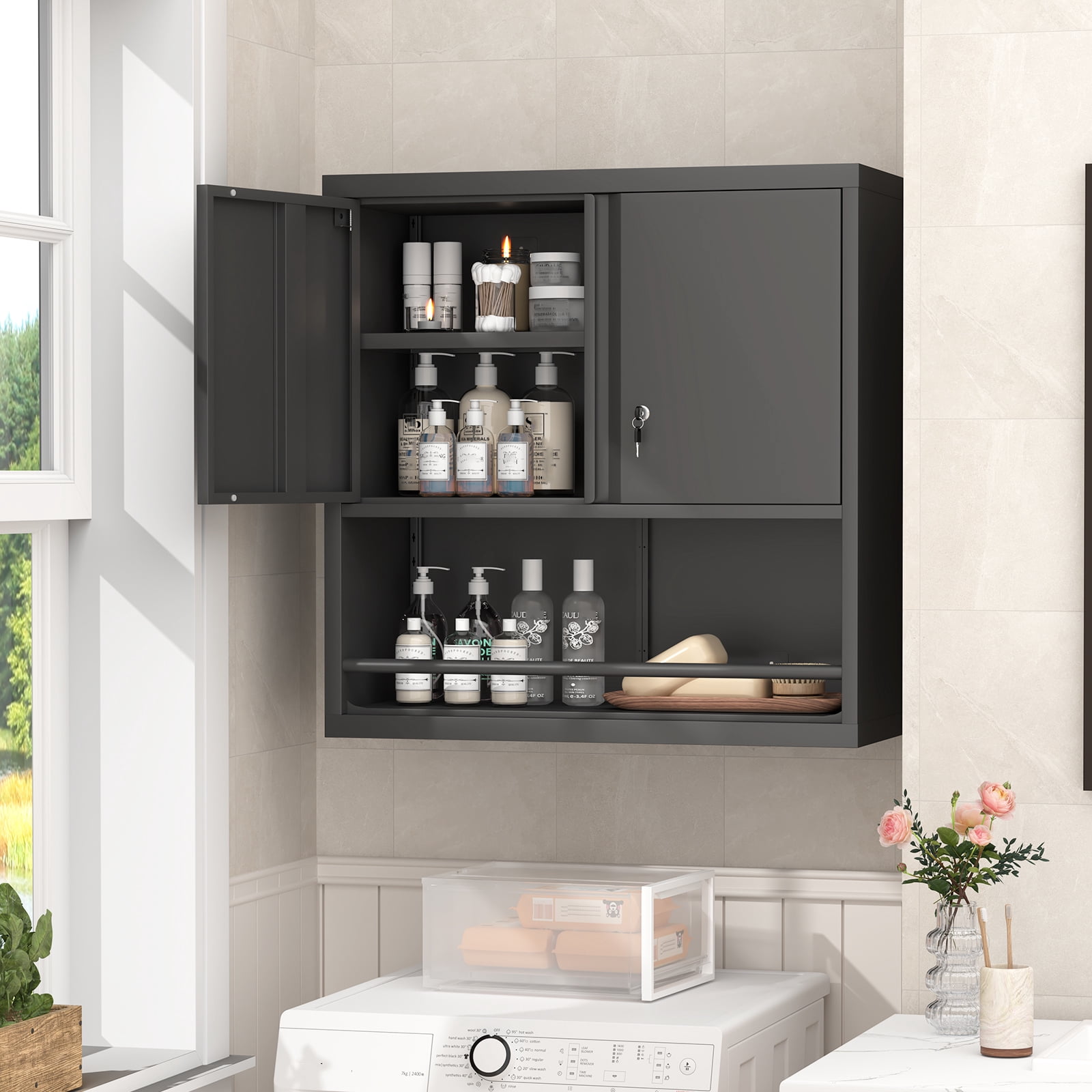 Kitchen Pantry Cabinet with Adjustable Shelves & 2 Doors,Metal Storage Cabinet with Locker for Kitchen,Living Room,Dining Room,Office,Black