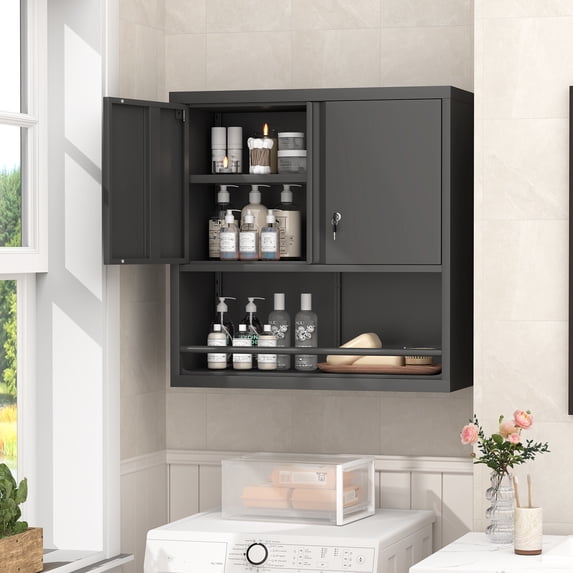 Kitchen Pantry Cabinet with Adjustable Shelves & 2 Doors,Metal Storage Cabinet with Locker for Kitchen,Living Room,Dining Room,Office,Black