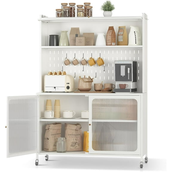 Kitchen Pantry Cabinet with Flip-Top Door, Coffee Bar with Storage, Metal Microwave Stand for Kitchen Buffet Cabinet with PegboardWhite