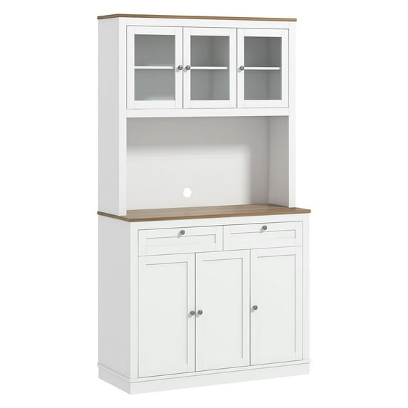 Kitchen Pantry Cabinet with Microwave Stand, 2 Drawers, 4 Cabinets - White Storage Organizer