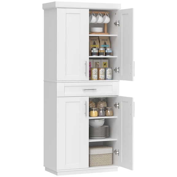 Kitchen Pantry Cabinet with Shaker Doors, Drawer and Adjustable Shelving, White MDF Freestanding Storage Cupboard, 30" W x 15.75" D x 72" H