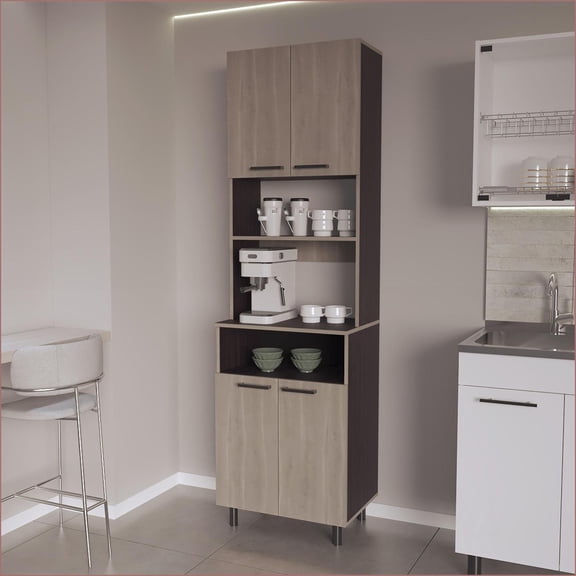 Kitchen Pantry, Contemporary with Open Storage & 4 Doors, White Oak & Wengue, 36” H x 24.5” W x 24.5” D | Particle Board | Melamine