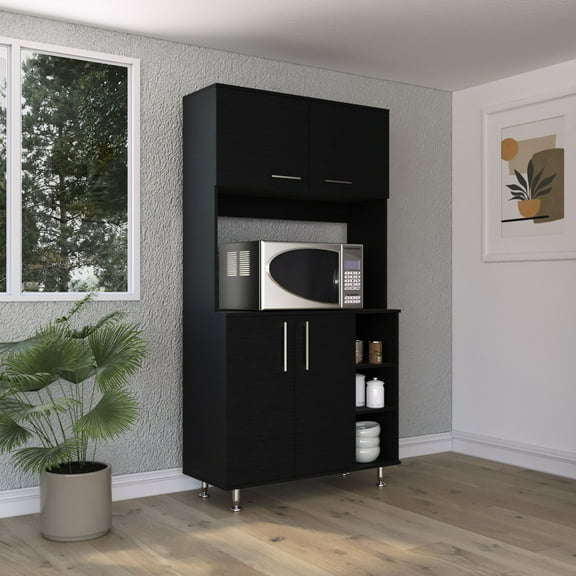 Kitchen Pantry Double Door Cabinet, Black, Four Legs, Three Shelves, Prep Station Black Finish, Valuable Storage