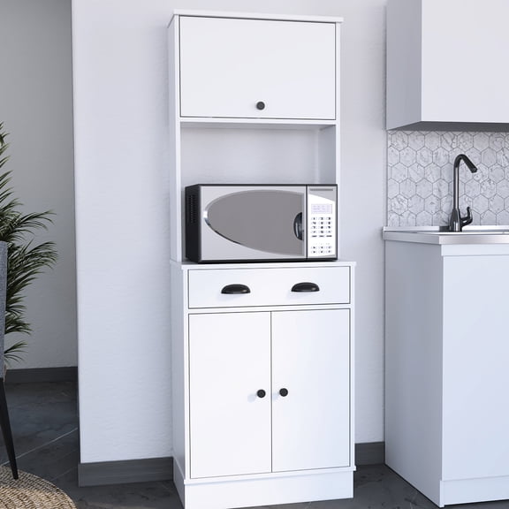 Kitchen Pantry With Drawer And 2 Cabinets In White - Modern Organization Unit 66.5" H X 23.6" W 13.8" D Quality Laminated Particle Board Construction Cabinets, Storage Solution