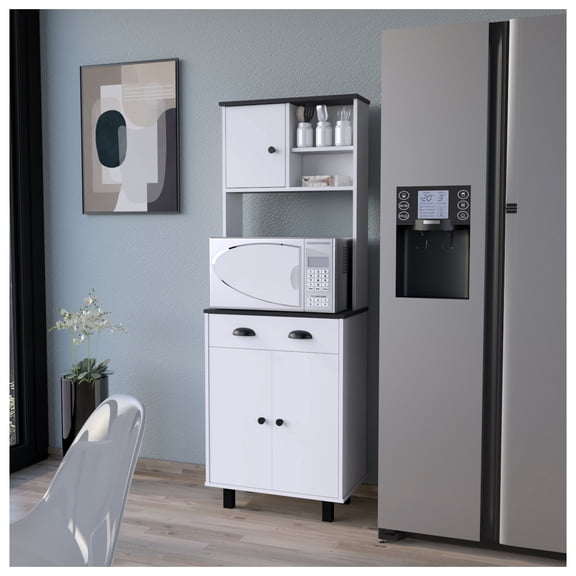 Kitchen Pantry, FM FURNITURE Tacna Storage Cabinet, 2 Shelves, 1 Drawer, Microwave Stand, White+Wengue Finish, Modern Kitchen Organizer Multicolor + Kitchen + Modern + Melamine + Particle Board