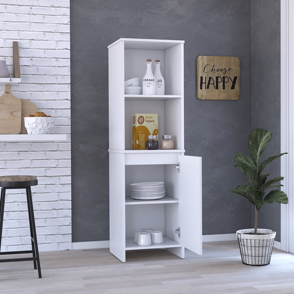 Kitchen Pantry Feery, Single Door Cabinet, Interior And External Shelves, White Finish