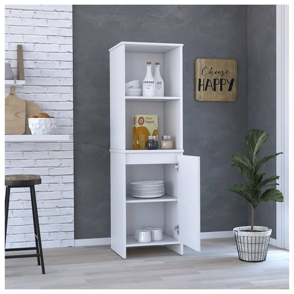 Kitchen Pantry Feery, Single Door Cabinet, Interior and External Shelves, White Finish