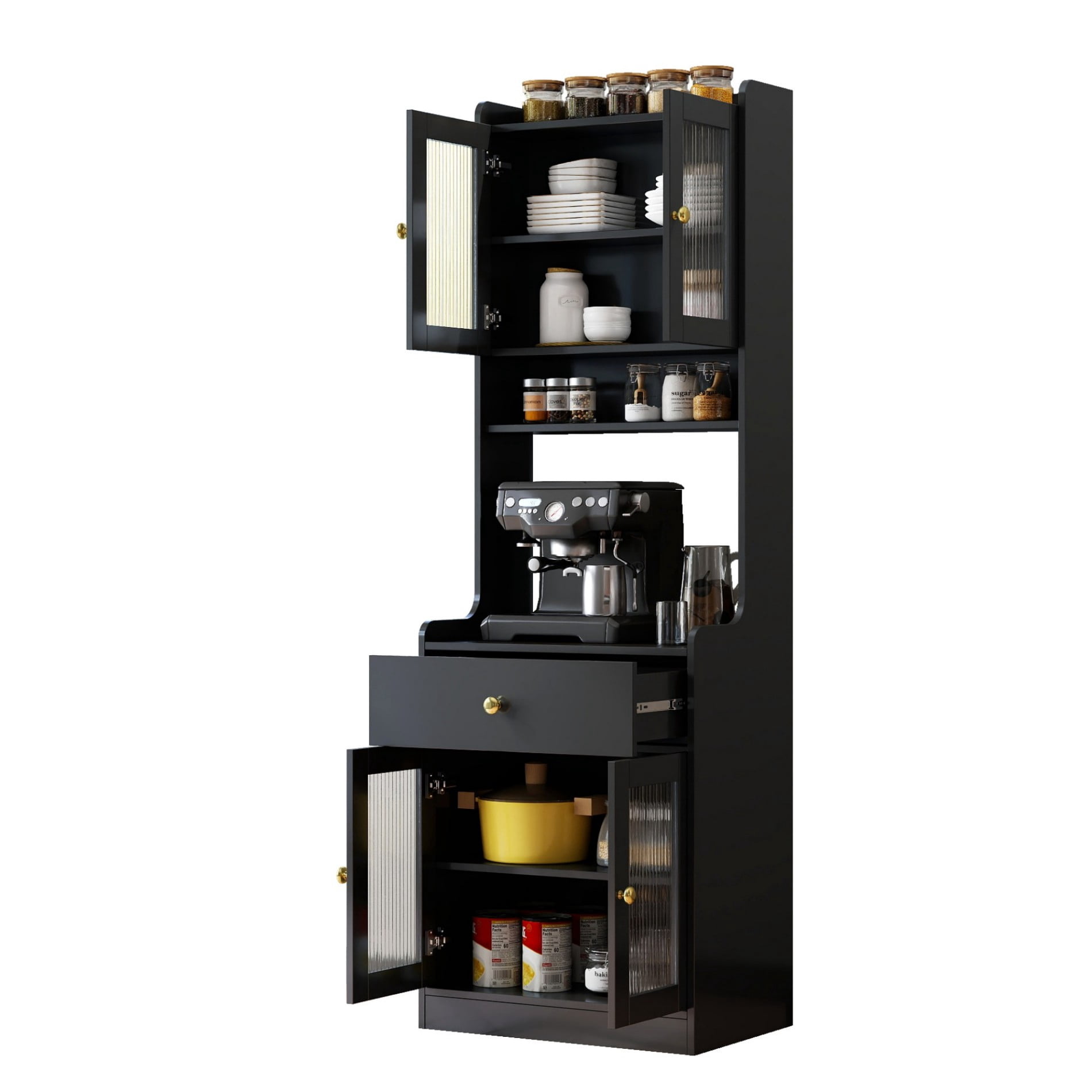 Kitchen Pantry Hutch Cabinet, Farmhouse Buffet Sideboard with Microwave Stand, Coffee Bar Cabinet with Storage Shelves and Drawer, Black