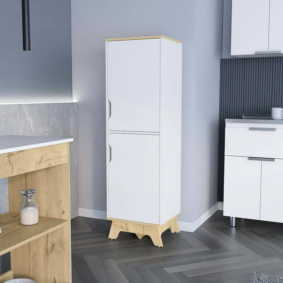 Kitchen Pantry In Oak/white With Four Shelf Sections And Two Doorways Storage Shelves