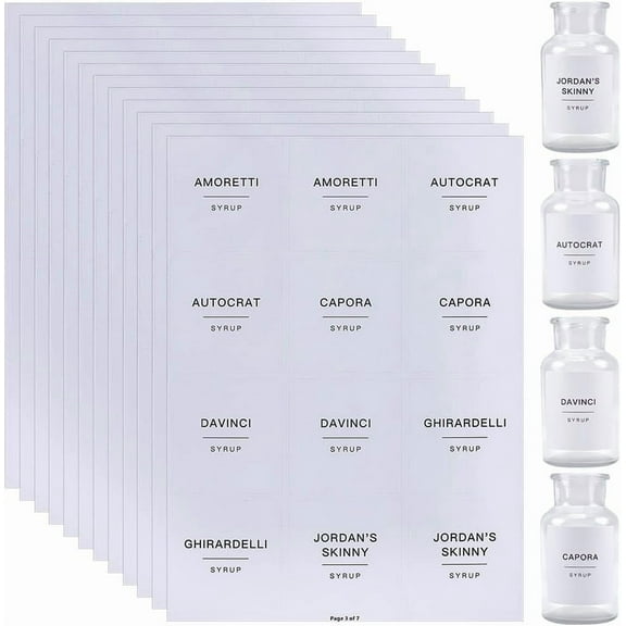 Kitchen Pantry Labels Waterproof Bottle Label Stickers Removable PVC Adhesive Sorting Storage Stickers Rectangle with Black Word for Coffee Bar Organization for DIY