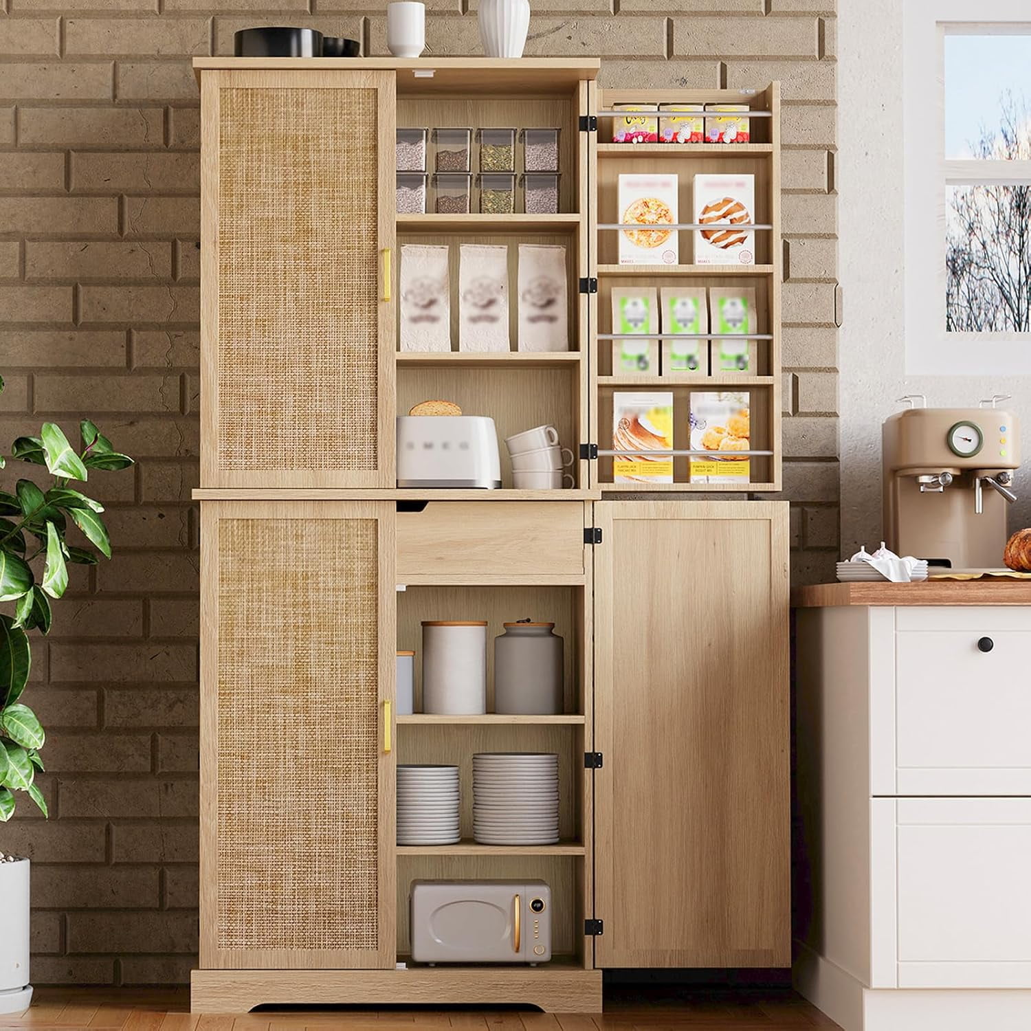 Kitchen Pantry with Rattan Doors, 72" Tall Farmhouse Pantry Storage ...