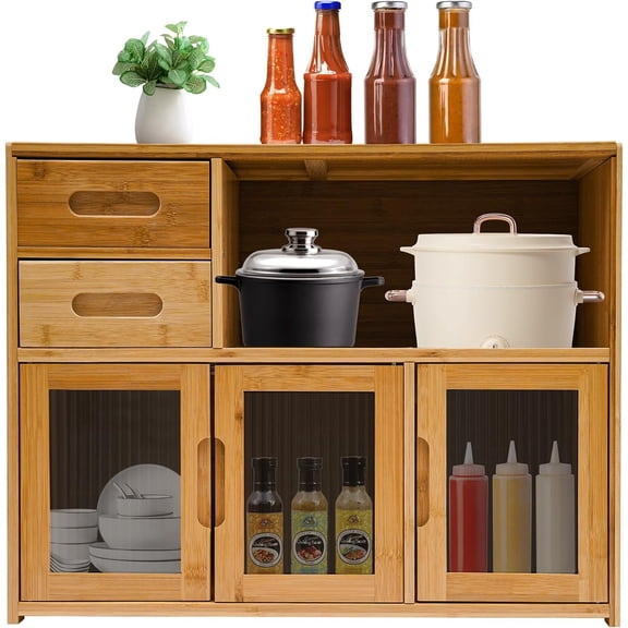 Kitchen Pantry Sideboard Bamboo Storage Cabinet (24.4*9*18.9in Wood Color) Freestanding Countertop Cabinet for Spice Seasoning Bottles Dishes Bowls