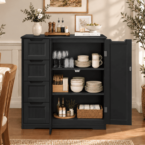 Kitchen Pantry Storage Cabinet with 4 Drawers & Doors, Floor Storage Cabinet with Adjustable Shelf & Anti-Tip Hardware, Buffet Sideboard Coffee Bar Cabinet for Kitchen, Bathroom, Living Room, Black