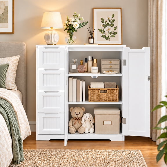 Kitchen Pantry Storage Cabinet with 4 Drawers & Doors, Floor Storage Cabinet with Adjustable Shelf & Anti-Tip Hardware, Buffet Sideboard Coffee Bar Cabinet for Kitchen, Bathroom, Living Room, White