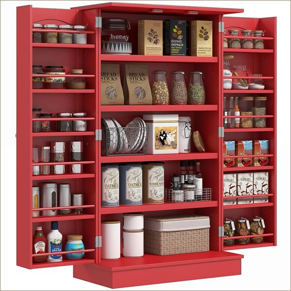 Kitchen Pantry Storage Cabinet, 41 Freestanding with Double Doors, 12 Shelves, Adjustable Storage, Red | MDF | Anti-Tipping Straps