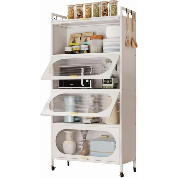 Kitchen Pantry Storage Cabinet,5 Tier Rolling Microwave Stand, Bakers Rack,Metal Pantry Cabinet with 4 Flip-up Doors for Kitchen,Living Room,Study (White)