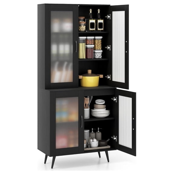 Kitchen Pantry Storage Cabinet, 70.5" Cupboard with 4 Transparent Doors, Adjustable Shelf & Metal Legs, Freestanding Tall Hutch Cabinet for Dining Room, Living Room, Office & Bathroom, Black