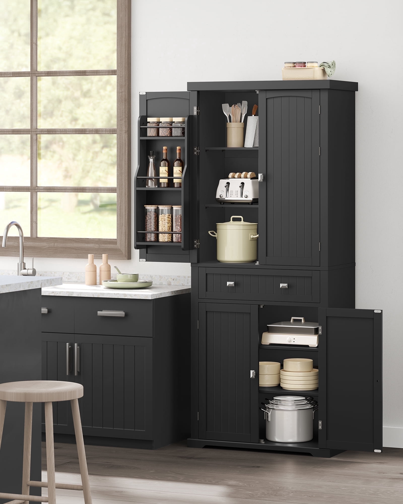 VASAGLE Pantry Cabinet, 71.7 " Kitchen Pantry Storage Cabinet Tall Freestanding Cupboard with 1 Drawer 6 Hanging Shelves for Dining Room Laundry, Black