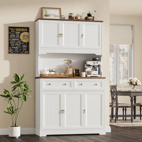 Modgrue Kitchen Pantry Storage Cabinet, 71.9" White Shaker Kitchen Cabinet with 6 Soft-Close Doors & 2 Drawers, 1500W Built-in Outlets (3 Plugs), 2 Adjustable Shelves, Anti-Tip Design