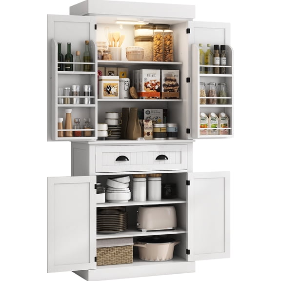 Kitchen Pantry Storage Cabinet 71" - Motion Sensor , 6 Door Shelves, Drawer, 4 Adjustable Shelves Shiny White Tall With For Living, Dining