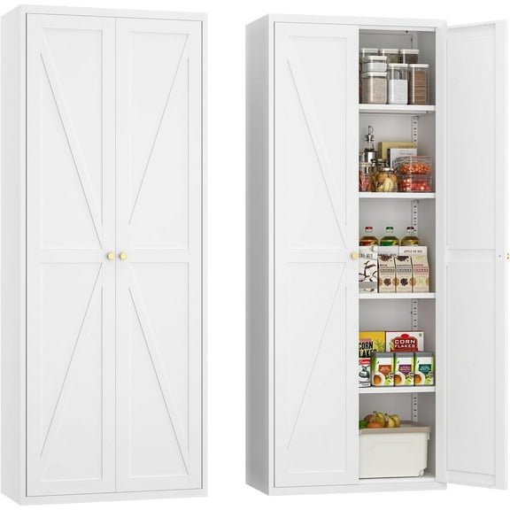 Pantry Cabinet,Food Pantry Cabinet with Adjustable Shelves,Kitchen Pantry Storage Cabinet with 2 Doors,Metal Cupboard for Living,Dining Room,White