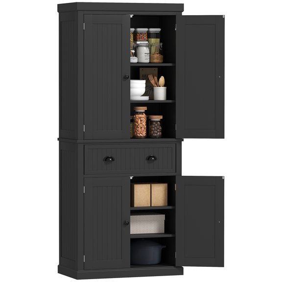 Kitchen Pantry Storage Cabinet, 72" Tall Farmhouse Cupboard with 4 Doors, 3 Adjustable Shelves and Large Central Drawer, MDF Engineered Wood, Black, for Kitchen and Dining Room