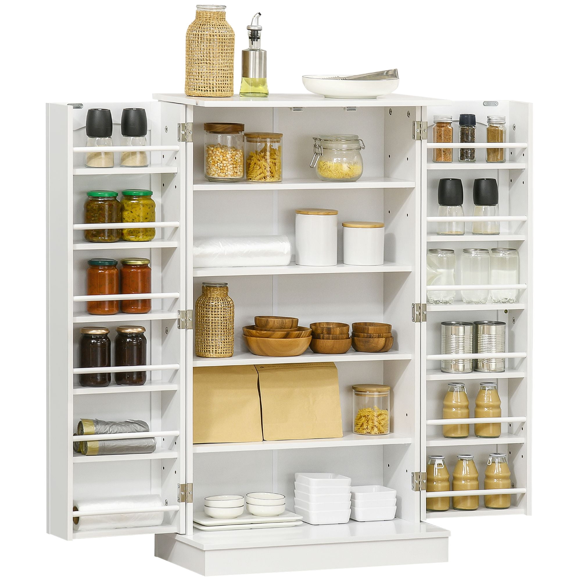 Kitchen Pantry Storage Cabinet with Adjustable Shelves & 12 Spice Racks, Freestanding Food Pantry Cupboard Anti-Tip Design MDF Organizer for Kitchen Dining Entryway White