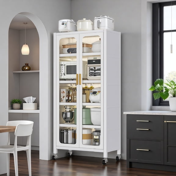 Kitchen Pantry Storage Cabinet with Adjustable Shelves, 6 Tier Metal Display Storage Cabinet with Transparent Door and Wheels, Food Pantries Cabinets, for Kitchen, Living Room and Dining Room, White