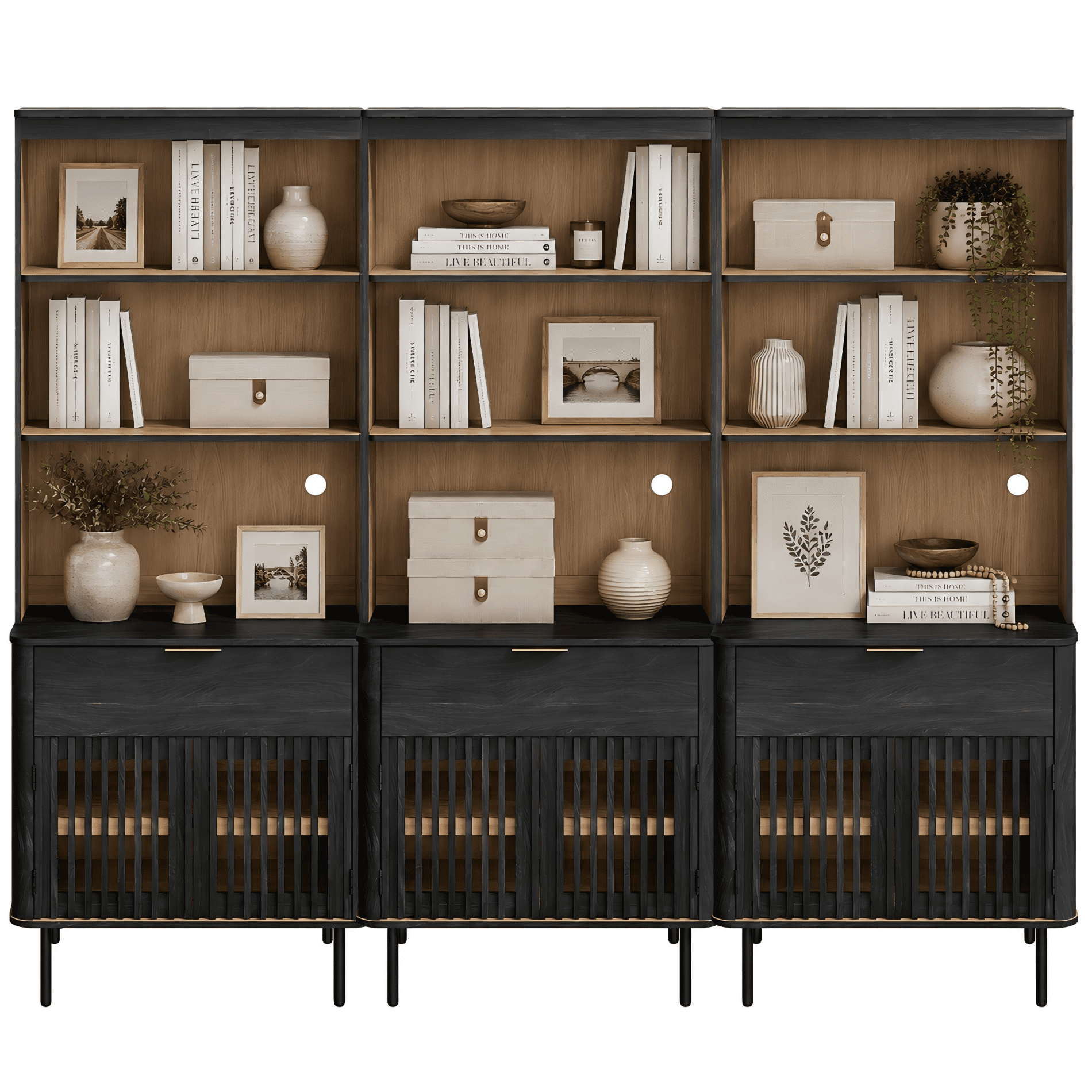 Kitchen Pantry Storage Cabinet with Doors & Drawer, 72.8" Tall Modern Fluted Kitchen Cabinet, Adjustable Shelf, Cable Management, 5 Tier Freestanding Cupboard for Dinning Room, Black, 3 PCS