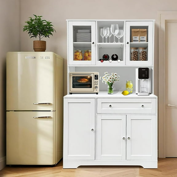 Kitchen Pantry Storage Cabinet with Drawers,Modern Buffet with Microwave Stand,Tall Kitchen Hutch with Hutch,Freestanding Coffee Bar Cabinet with 14 Shelves and Drawer for Dining Room