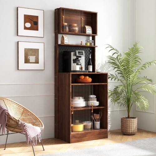 Kitchen Pantry Storage Cabinet with Hutch 25 inch Wide Tall Freestanding Food Kitchen Cabinet Pantry Cupboard with Reeded Glass Doors, Pegboard, Countertop Farmhouse 25 W x 71 H x 16 D Inch