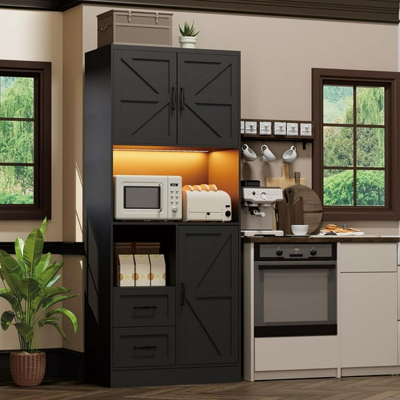 Kitchen Pantry Storage Cabinet with LED Lights and Power Strip, Tall Farmhouse Kitchen Pantry with Barn Doors and Drawers, Adjustable Shelves for Dining Living Room (Black)