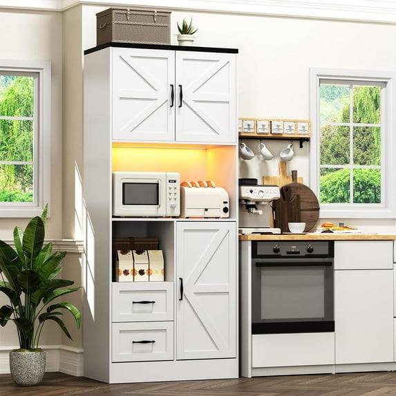 Kitchen Pantry Storage Cabinet with LED Lights and Power Strip, Tall Farmhouse Kitchen Pantry with Barn Doors and Drawers, Adjustable Shelves for Dining Living Room (White)