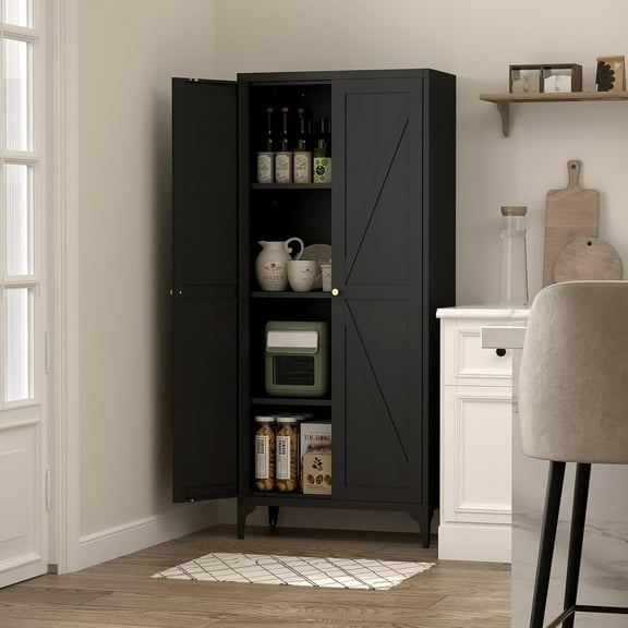 Kitchen Pantry Storage Cabinet, Laundry Room Cabinet, 65" H Living Room Storage, Black Cabinets with Doors and Adjustable Shelves, Food Pantry Cabinets, Heavy Duty