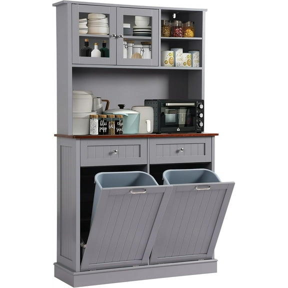 Kitchen Pantry Storage Cabinet, Microwave Cabinet with Tilt Out Trash Storage, Tall Pantry Cupboard, Freestanding Kitchen Hutch (Grey)