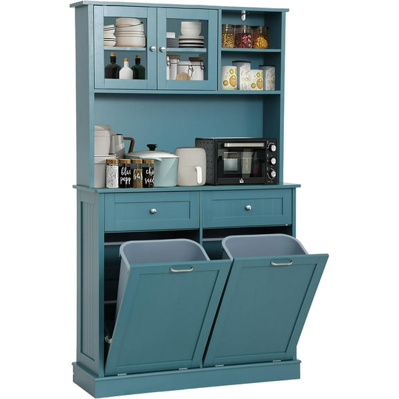 Kitchen Pantry Storage Cabinet, Microwave Cabinets with Tilt Out Trash Cabinets, Tall Pantry Cabinet Cupboard, Freestanding Kitchen Hutch (Lake Blue)