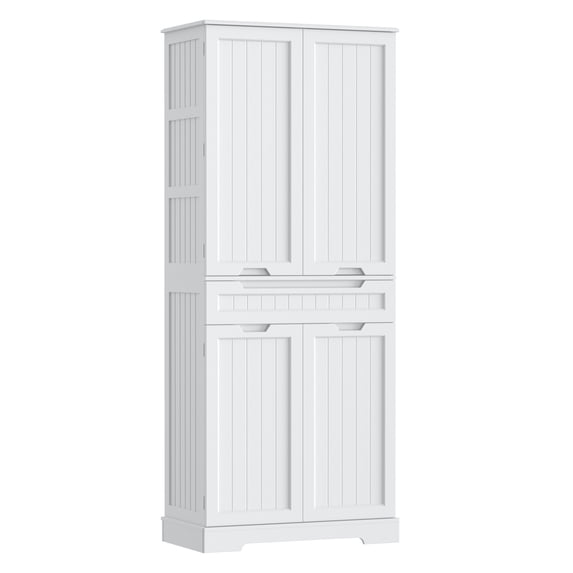 71" Tall Kitchen Pantry Storage Cabinet with Doors and 10 Shelves, Noelse Wooden Food Storage Cabinet with Large Drawer for Dining Room and Craft Room, White
