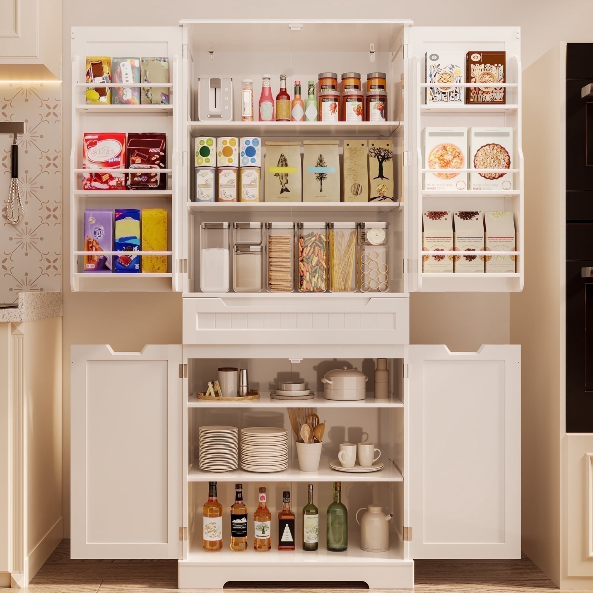 71" Tall Kitchen Pantry Storage Cabinet with Doors and 10 Shelves, Noelse Wooden Food Storage Cabinet with Large Drawer for Dining Room and Craft Room, White