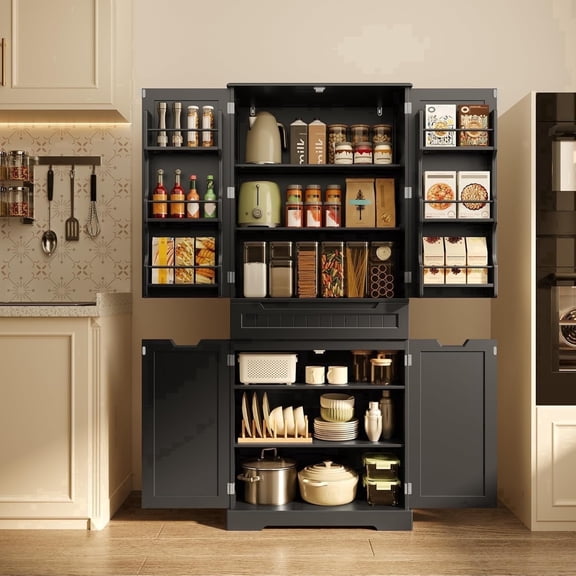 Kitchen Pantry Storage Cabinet With Doors, Noelse 71'' Large Kitchen Pantry with 1 Drawer and 6 Shelves for Kitchen Dining Room and Craft Room, Black