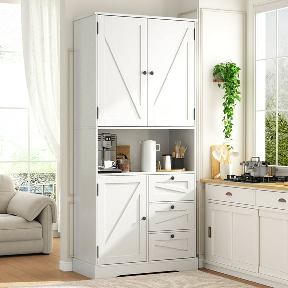 NEGYLIM 72" Tall Kitchen Pantry Storage Cabinet with Doors & Shelves, Farmhouse Rustic Wood Cupboard for Kitchen Dining Room Bathroom, White