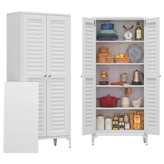Kitchen Pantry Storage Cabinet with 2 Doors, Garages Metal Storage Cabinet with 4 Adjustable Shelves for Home, Assembly Required, White