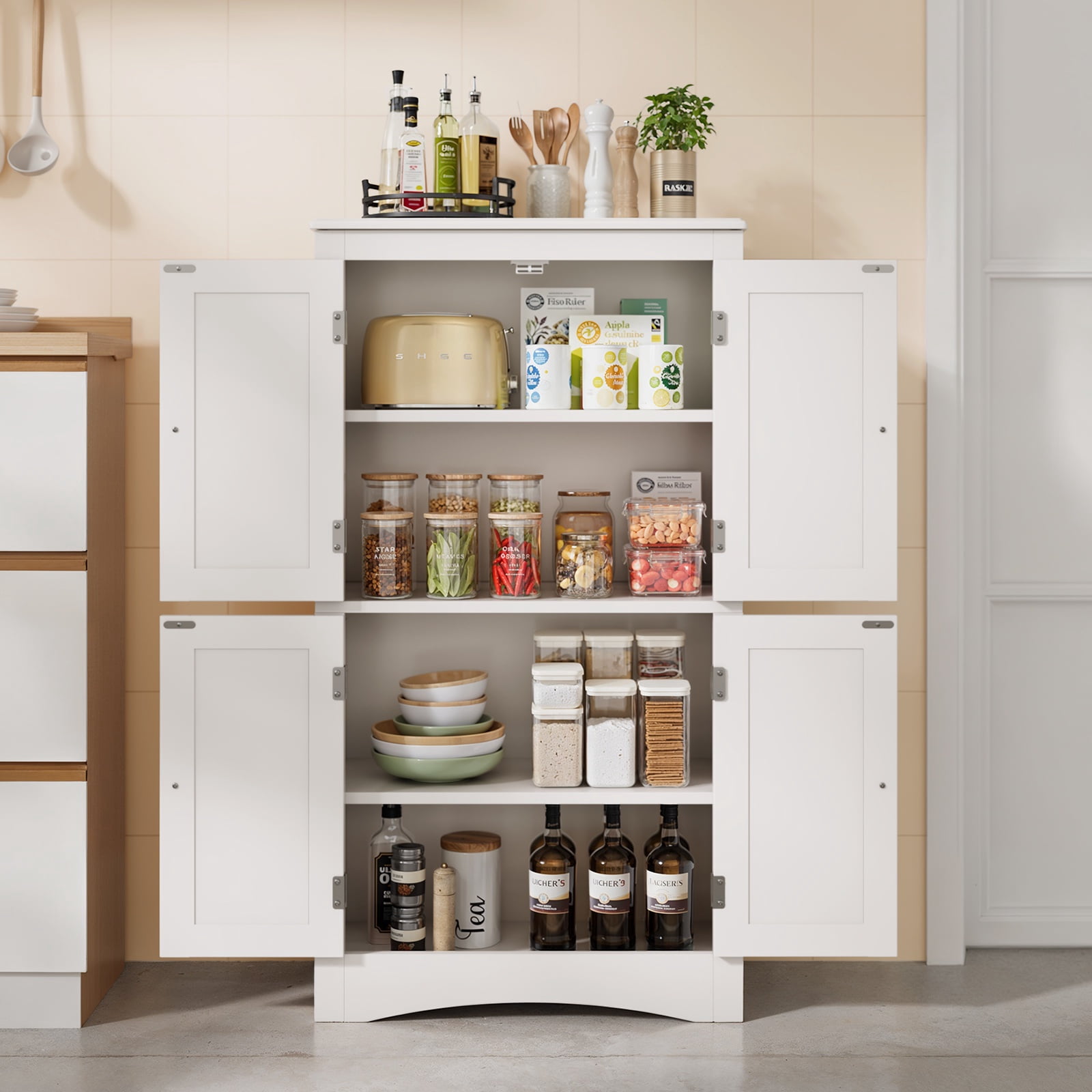 Kitchen Pantry Storage Cabinet with 4 Magnetic Doors and Adjustable Shelves, White