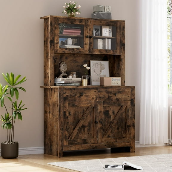 Kitchen Pantry Storage Cabinet with Microwave Stand, Coffee Bar Cabinet with 4 Doors and Adjustable Shelves, Tall Pantry for Kitchen, Dining Room
