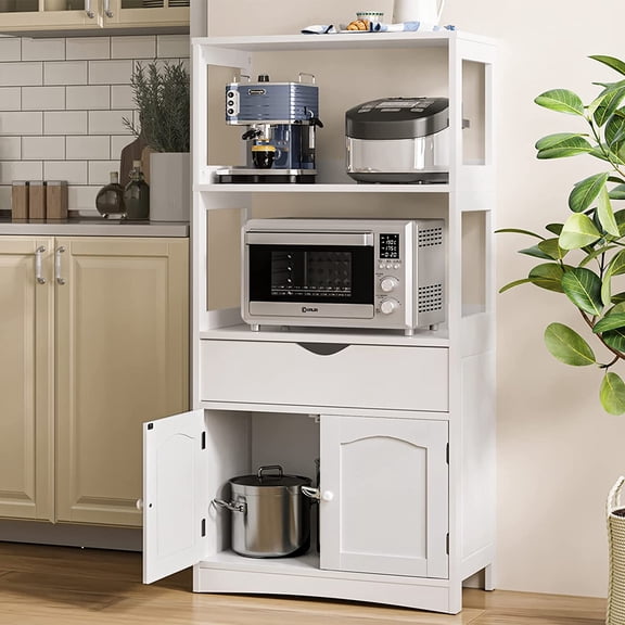 Kitchen Pantry Storage Cabinets with Shelves,Drawer and Doors,Microwave Cart with Storage,Freestanding Floor Sideboard Cabinet with Microwave Space,Bookshelf,Display Unit for Home,White