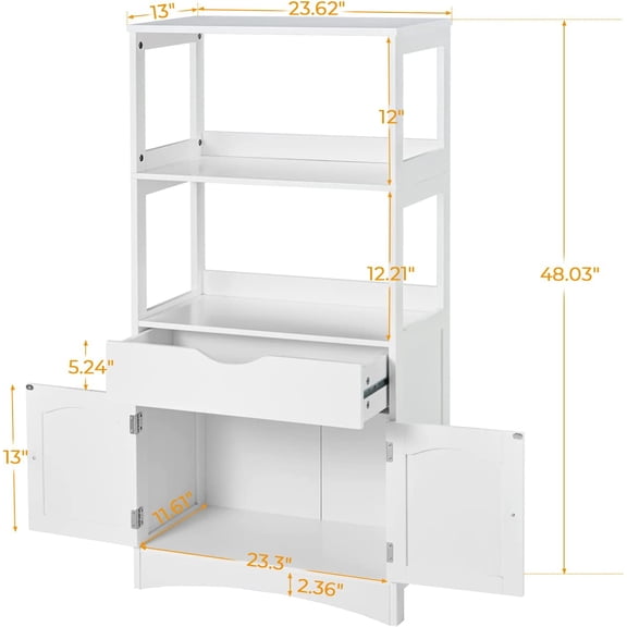Kitchen Pantry Storage Cabinets with Shelves, Drawer and Doors, Microwave Cart with Storage, Freestanding Floor Sideboard Cabinet with Microwave Space, Bookshelf, Display Unit for Home, White